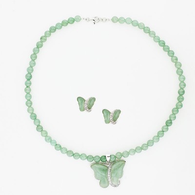 Sterling Silver Set Butterfly Green Agate Clear Pave Cubic Zirconia