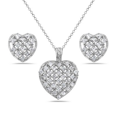 Sterling Silver Set Open Puffy Heart Paved in Clear Cubic Zirconia