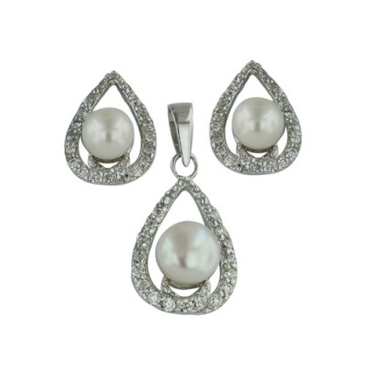 Sterling Silver Set Clear Cubic Zirconia Open Teardrop 5-6mm Potato Fresh Water Pearl