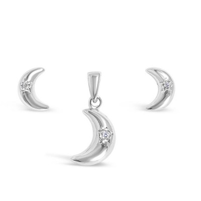 Sterling Silver Set Plain Silver Moon Clear Cubic Zirconia Star