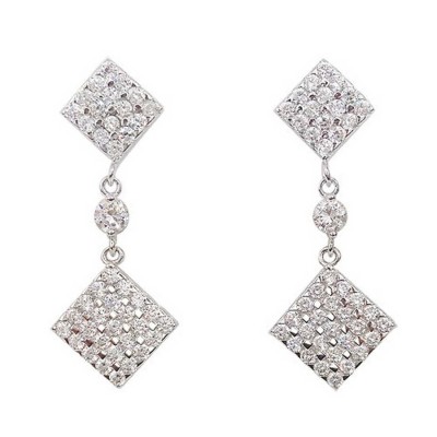 Sterling Silver Earring Clear Cubic Zirconia Paved Diamond Shape Dangle -Rhodium Plating-