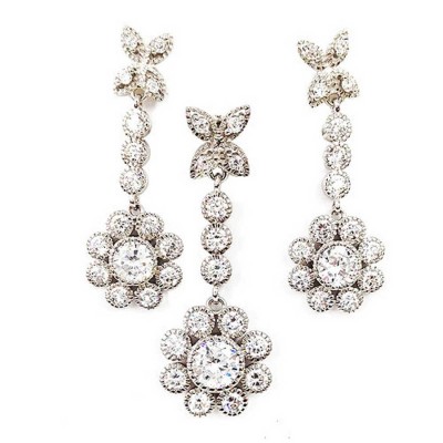 Sterling Silver Set Clear Cubic Zirconia Flower Dangle -Rhodium Plating-