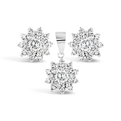 Sterling Silver Set Flower 5mm Clear Cubic Zirconia Center