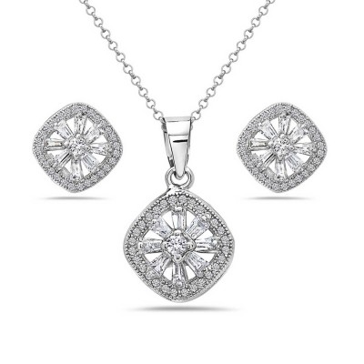 Sterling Silver Set Micro-Paved Diamond with Clear Baguette+Rd Cubic Zirconia