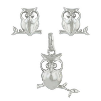 Sterling Silver Set Plain Owl on Branch Stud Open Eyes -Rhodium Plating-