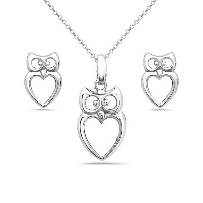 Sterling Silver Set Open Owl with Heart Body -Rhodium Plating-