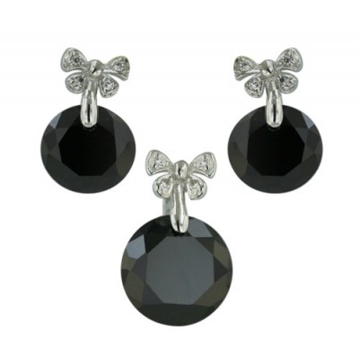 Sterling Silver Set 13+11mm Rd Black Cubic Zirconia Bow Tie Top with Clear Cubic Zirconia