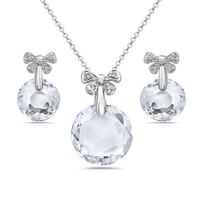 Sterling Silver Set 13+11mm Rd Clear Cubic Zirconia Bow Tie Top with Clear Cubic Zirconia