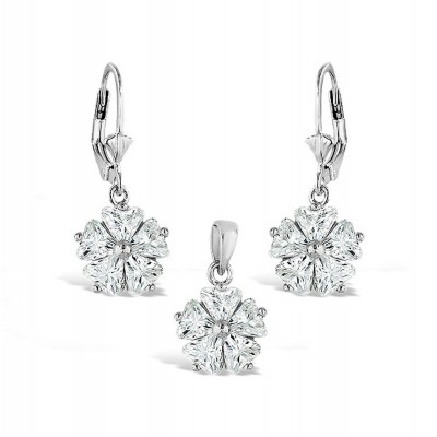 Sterling Silver Set Clear Cubic Zirconia Flower Bail+Leverback