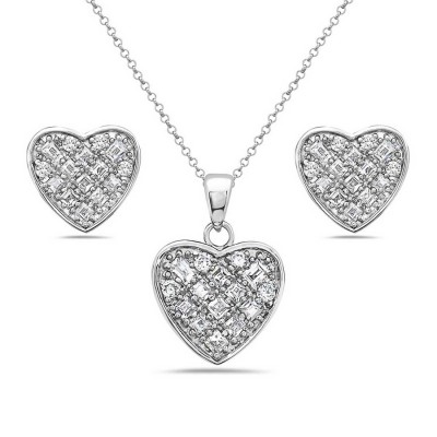 Sterling Silver Set Mix Shape Clear Cubic Zirconia Paved Heart