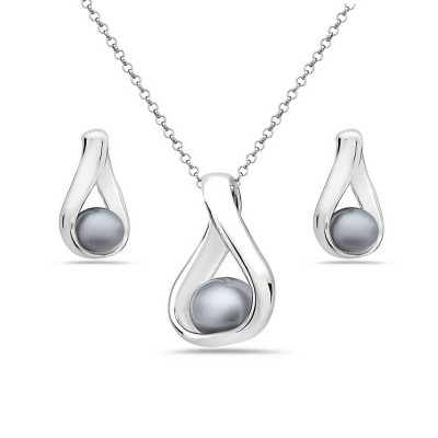 Sterling Silver Set Potato Gray Fresh Water Pearl with Open Tear Drop