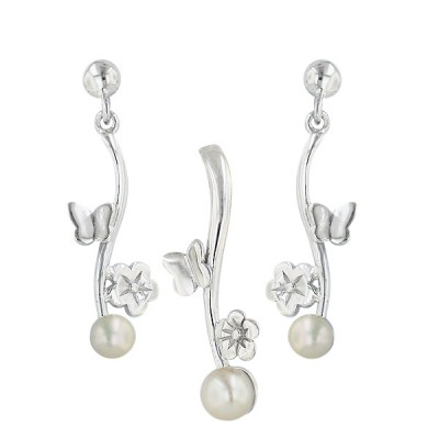 Sterling Silver Set White Fresh Water Pearl with Silver Flower+Butterfly
