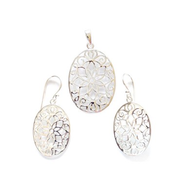 STERLING SILVER SET OVAL WITH FLOWER FILIGREE EARG+PENDANT