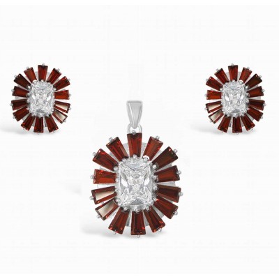 Sterling Silver Set Clear Cubic Zirconia Rectangualr Baguette Garnet Cubic Zirconia Rad