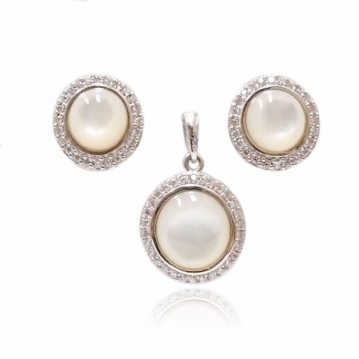 Sterling Silver Set 8mm Mother of Pearl with Clear Cubic Zirconia Around