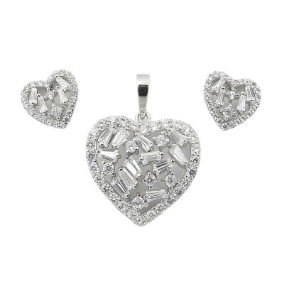 SS Set Clear Cz Open Heart W/ Baguette Cz Inside, Clear