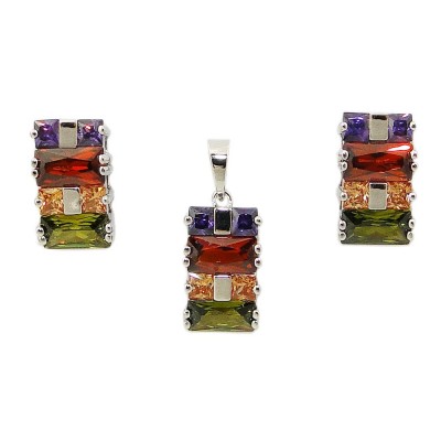 SS Set Garnet+Champagne+Olivine Baguette Cz, Silver