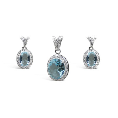 STERLING SILVER SET OVAL AQUA BLUE GLASS+CLEAR CUBIC ZIRCONIA AROUND P