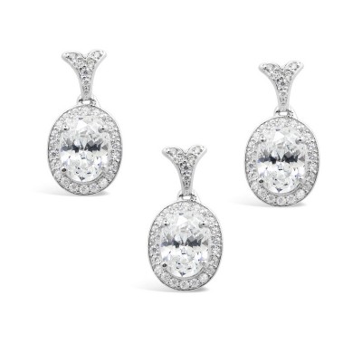 STERLING SILVER SET OVAL CLEAR+CLEAR CUBIC ZIRCONIA AROUND