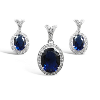 STERLING SILVER SET OVAL SAPPHIRE GLASS +CLEAR CUBIC ZIRCONIA AROUND