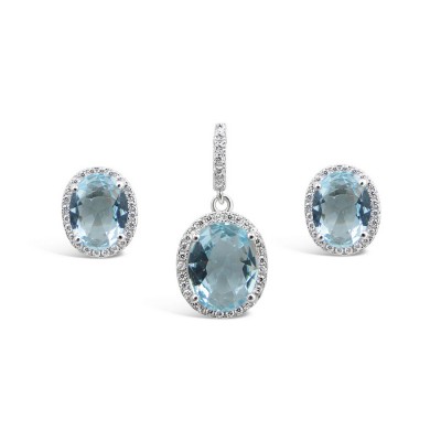 STERLING SILVER SET OVAL AQUA BLUE GLASS AROUND BAIL WITH CUBIC ZIRCONIA