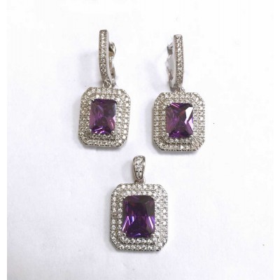 Sterling Silver Set Rectangular Amethyst Cubic Zirconia Double Cubic Zirconia Lines Cubic Zirconia 8S-2110A-2