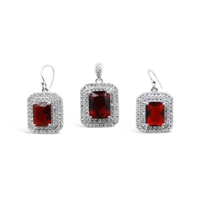 STERLING SILVER SET RECTANGULAR RUBY GLASS DOUBLE CUBIC ZIRCONIA LINES