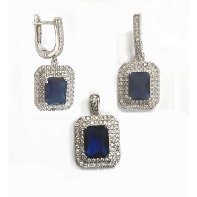 Sterling Silver Set Rectangular Sapphire Glass Double Cubic Zirconia Lines