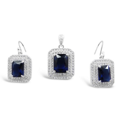 STERLING SILVER SET RECTANGULAR SAPPHIRE GLASS  DOUBLE CUBIC ZIRCONIA LINES