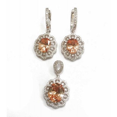 Sterling Silver Set Oval Champagne Cubic Zirconia Radiating Cubic Zirconia Lines