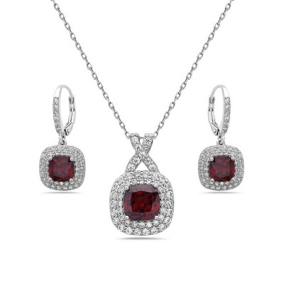 Sterling Silver Set Cushion Garnet Cubic Zirconia 2 Cubic Zirconia Lines Around