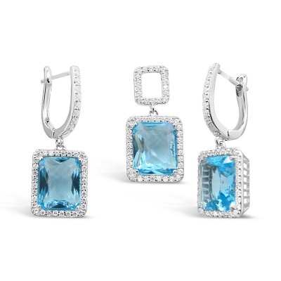 STERLING SILVER SET RECTANGULAR AQUA BLUE GLASS+CLEAR CUBIC ZIRCONIA AROUND