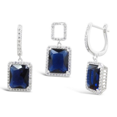 STERLING SILVER SET RECTANGULAR SAPPHIRE GLASS+CLEAR CUBIC ZIRCONIA AROUND