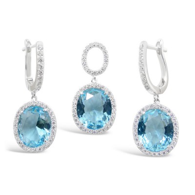 STERLING SILVER SET OVAL AQUA BLUE GLASS+CLEAR CUBIC ZIRCONIA AROUND