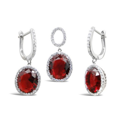STERLING SILVER SET OVAL RUBY GLASS+CLEAR CUBIC ZIRCONIA AROUND