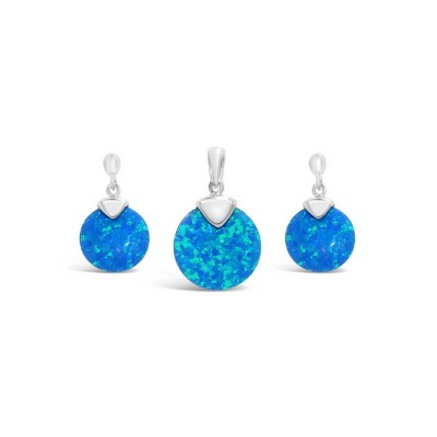 Sterling Silver Set Of Earring And Pendant Round Blue Lab Creat