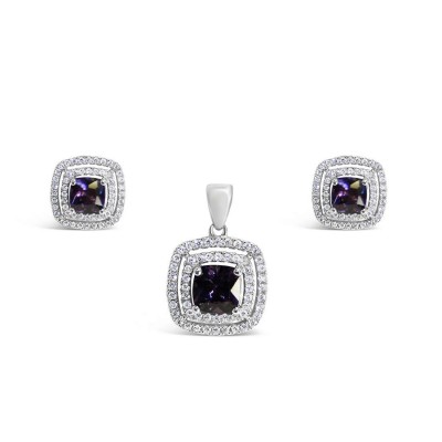 Sterling Silver Set Of Earring And Pendant Cushion Amethyst Cubic Zirconia,