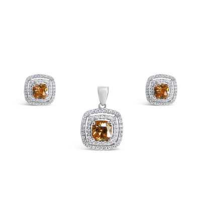 Sterling Silver Set Of Earring And Pendant Cushion Chamapgne Cubic Zirconia
