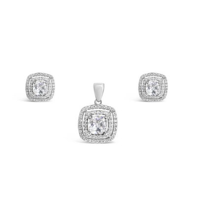Sterling Silver Set Of Earring And Pendant Cushion Clear Cubic Zirconia 2 P