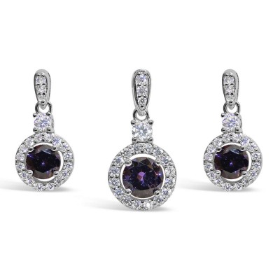 Sterling Silver Set Of Round Amethyst Cubic Zirconia Center Small Clear Cubic Zirconia