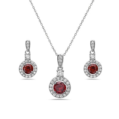 Sterling Silver Set Of Round Garnet Cubic Zirconia Center Small Clear Cubic Zirconia Ar