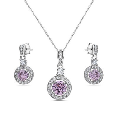 Sterling Silver Set Of Round Pink Cubic Zirconia Center Small Clear Cubic Zirconia