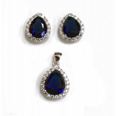 Set Of Earring And Pendant Sapphire Blue Glass Te