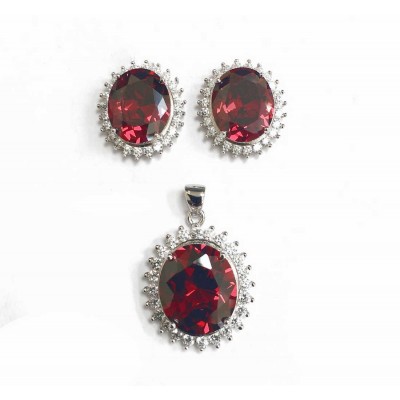 Set Of Earring Pendant Oval Garnet Cubic Zirconia With Clear Cubic Zirconia