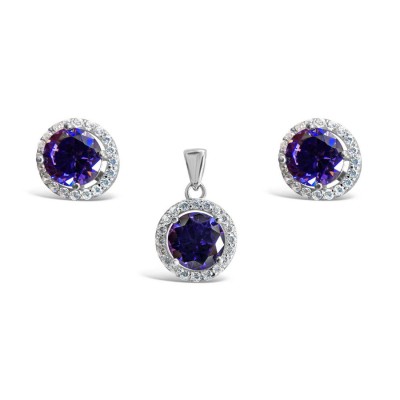 Set Earring And Pendant Round Amethyst Cubic Zirconia With Clea