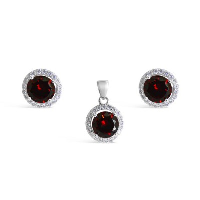 Set Earring And Pendant Round Garnet Cubic Zirconia With Clear