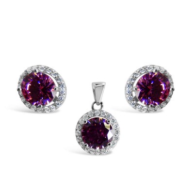 Set Earring And Pendant Round Pink Cubic Zirconia With Clear Cubic Zirconia