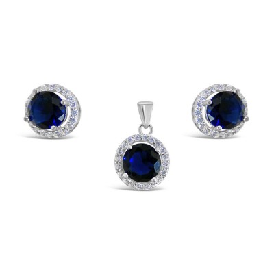 Set Earring And Pendant Round Sapphire Blue Glass