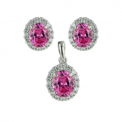 Sterling Silver Set Earring+Pndt Pnk Oval Cubic Zirconia Cntr with Round Clear Cubic Zirconia