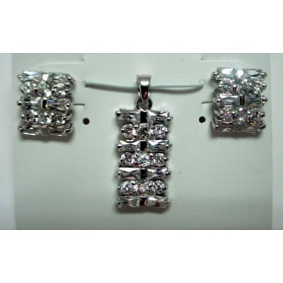 Sterling Silver Set Clear Cubic Zirconia Baguette Rectangular
